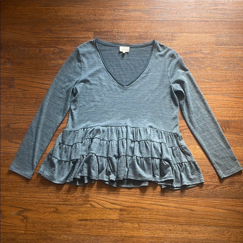 Anthropologie Deletta Teal V-Neck Lons Sleeve Peplum Ruffle Top